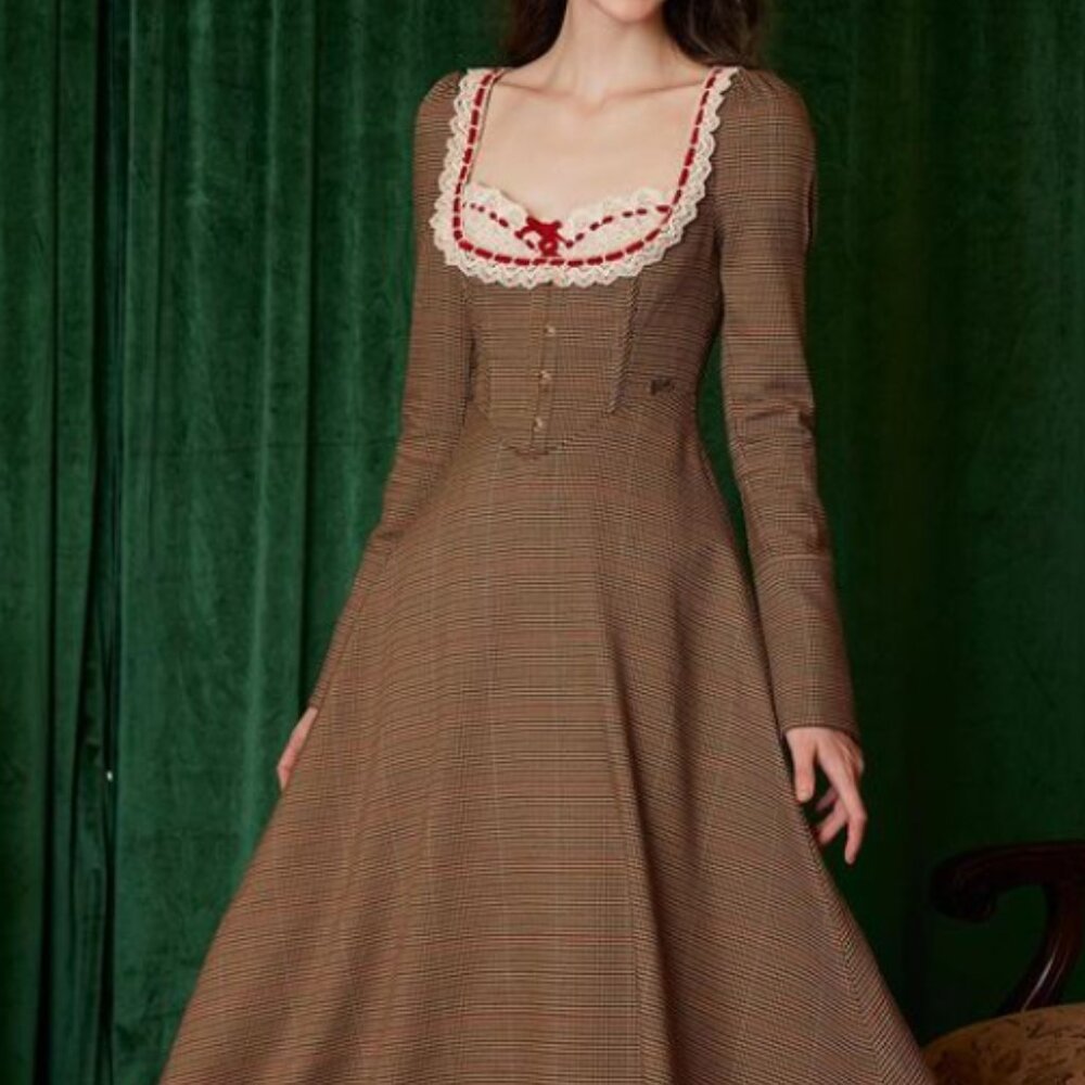 Chic Long Sleeve Brown Plaid Dress